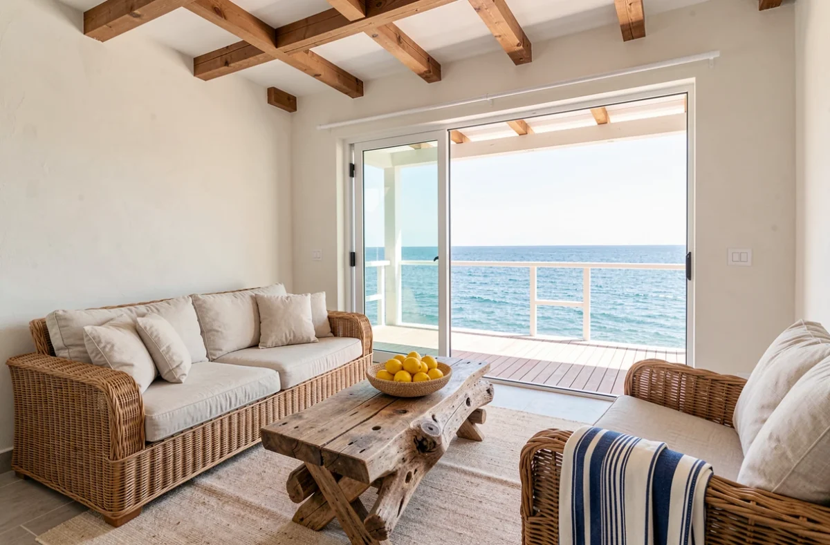 Intérieur lumineux d'une location saisonnière vue mer avec décoration côtière soignée