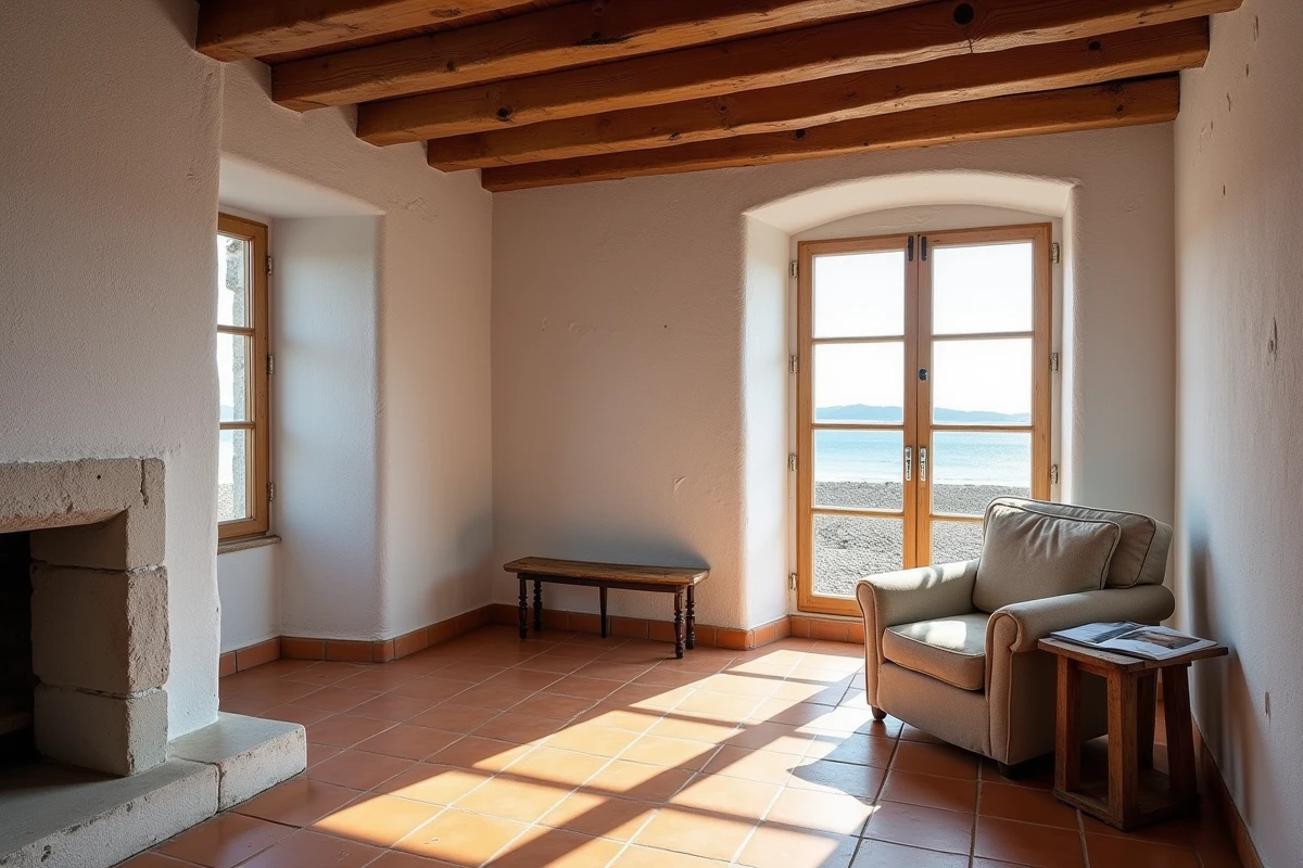 Intérieur d'une maison normande en bord de mer avec traces d'humidité sur les murs et vue sur la plage