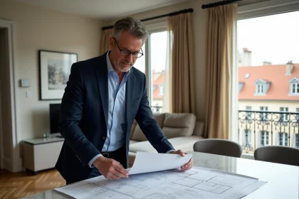 Investisseur en costume marine qui examine des plans d'architecte dans un appartement de luxe à Bordeaux avec vue sur les toits haussmanniens
