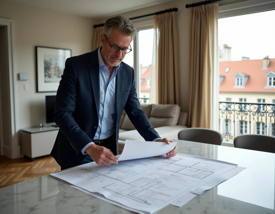Investisseur en costume marine qui examine des plans d'architecte dans un appartement de luxe à Bordeaux avec vue sur les toits haussmanniens