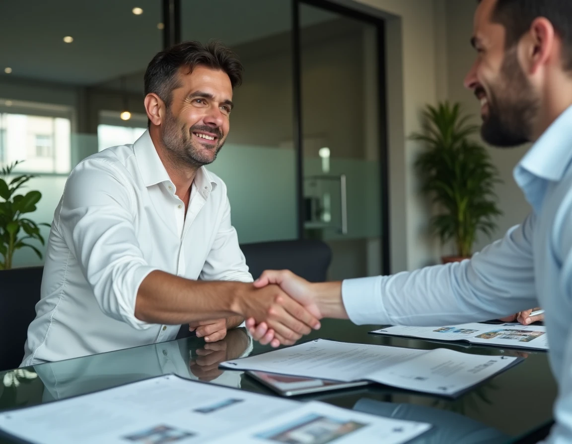 Investisseur locatif signant un accord sécurisé avec un conseiller immobilier en agence