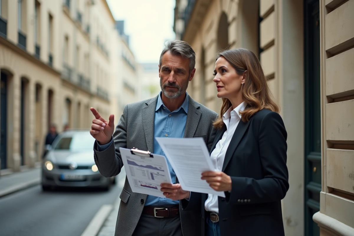 Deux investisseurs immobiliers devant un immeuble haussmannien analysant des documents financiers pour évaluer le budget d'une formation rentier