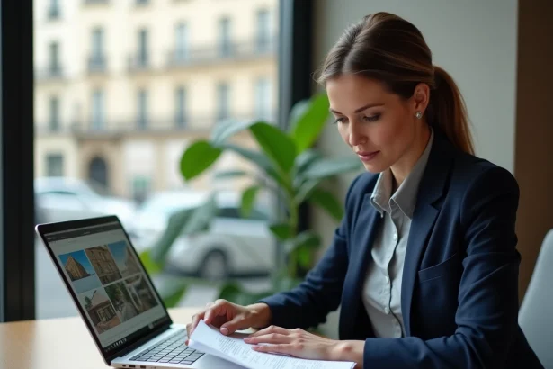 Investisseuse immobilière analysant des documents d'achat sécurisé dans un bureau professionnel