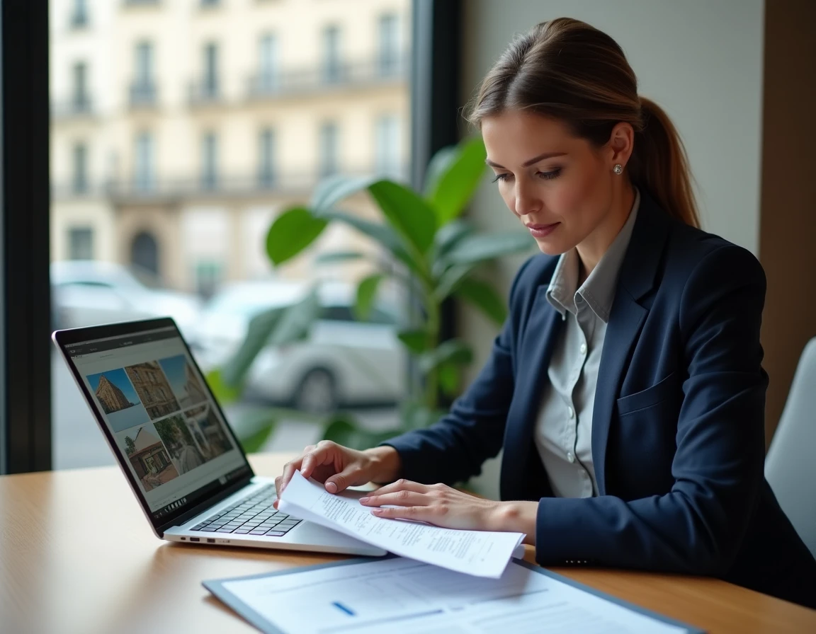 Investisseuse immobilière analysant des documents d'achat sécurisé dans un bureau professionnel