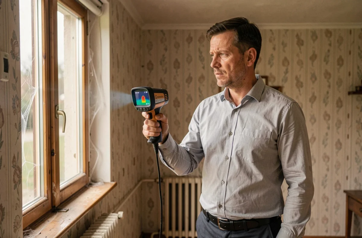 Auditeur énergétique indépendant d'Ithaque réalisant un diagnostic thermique dans une habitation ancienne du Grand Est