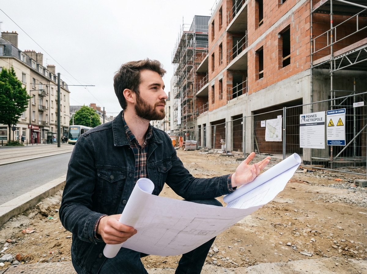 Jeune architecte examine plans sur un chantier Rennes