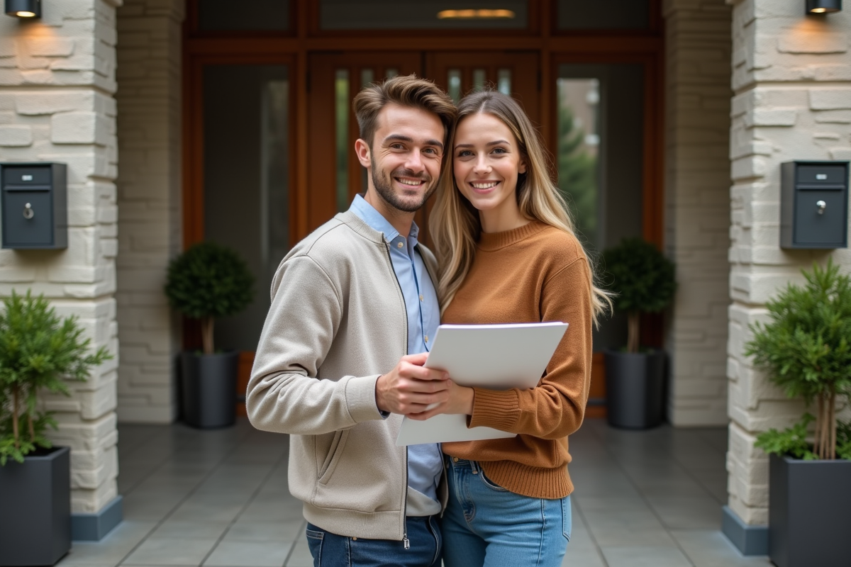 Jeune couple attend devant un immeuble avec un dossier de location