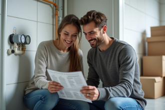 Jeune couple vérifiant un compteur d'eau dans un appartement