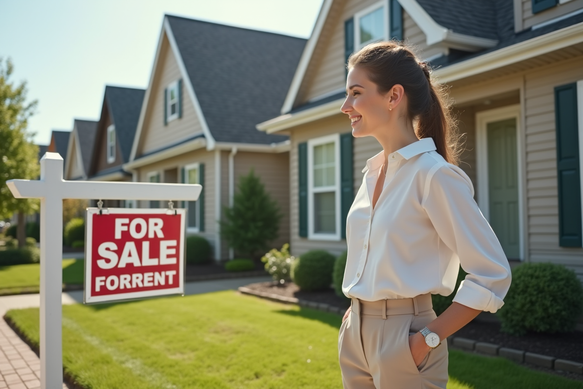 Jeune femme souriante regardant une affiche de location devant une maison