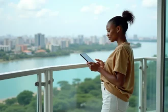 Jeune femme sur balcon avec vue sur Abidjan et lagon