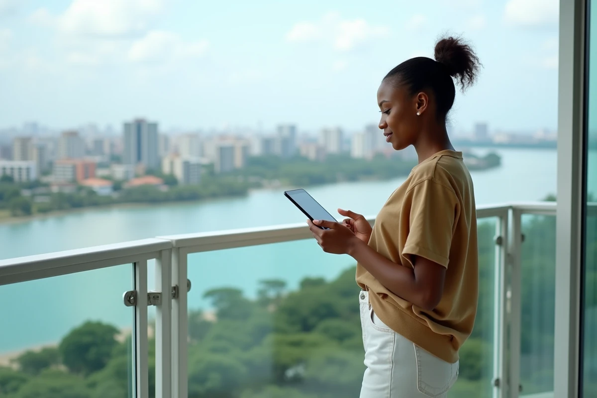 Jeune femme sur balcon avec vue sur Abidjan et lagon