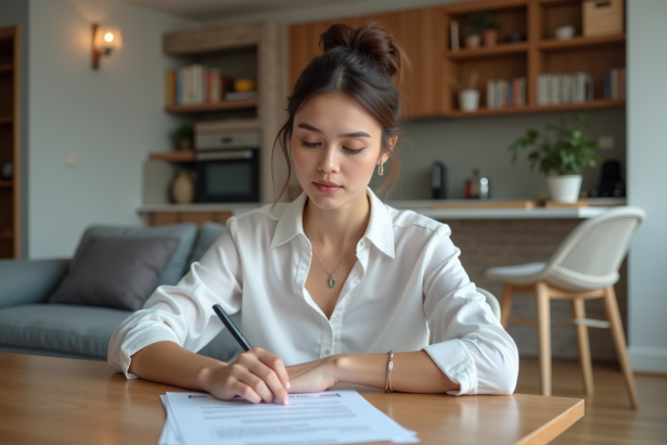 Jeune femme examinant un contrat de location dans une cuisine moderne