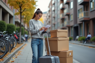 Jeune femme souriante vérifiant sa liste de déménagement en ville
