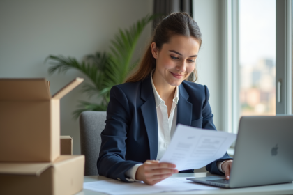 Jeune femme en costume lisant un document dans un appartement