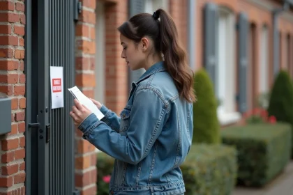 Jeune femme examine un avis de location devant une maison
