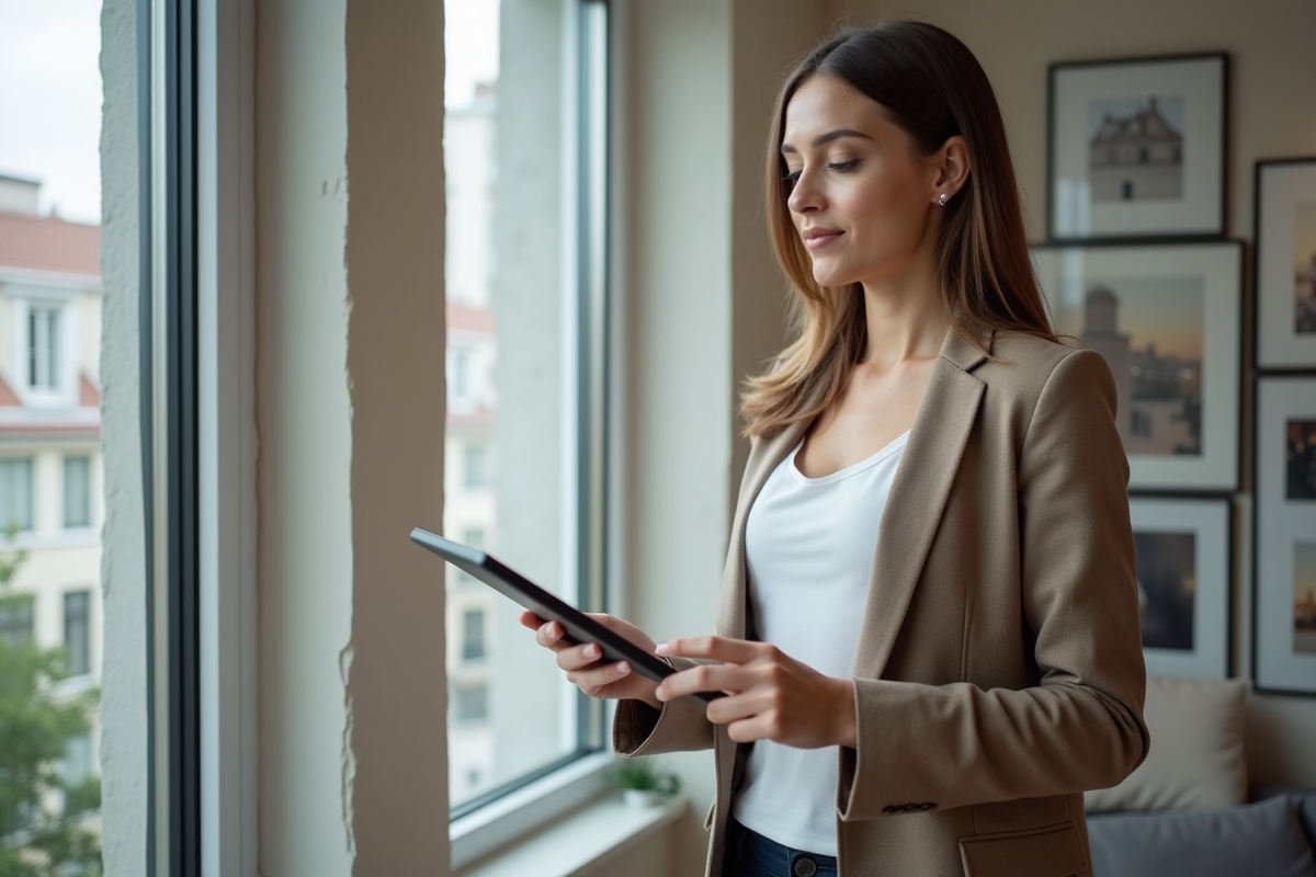 Jeune femme en business casual avec tablette immobiliere