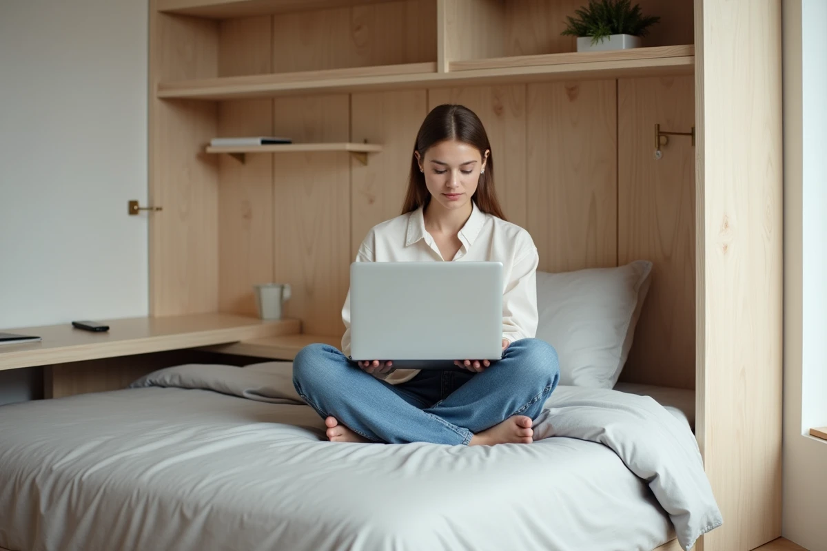 Jeune femme assise sur un lit avec un ordinateur portable dans un studio moderne