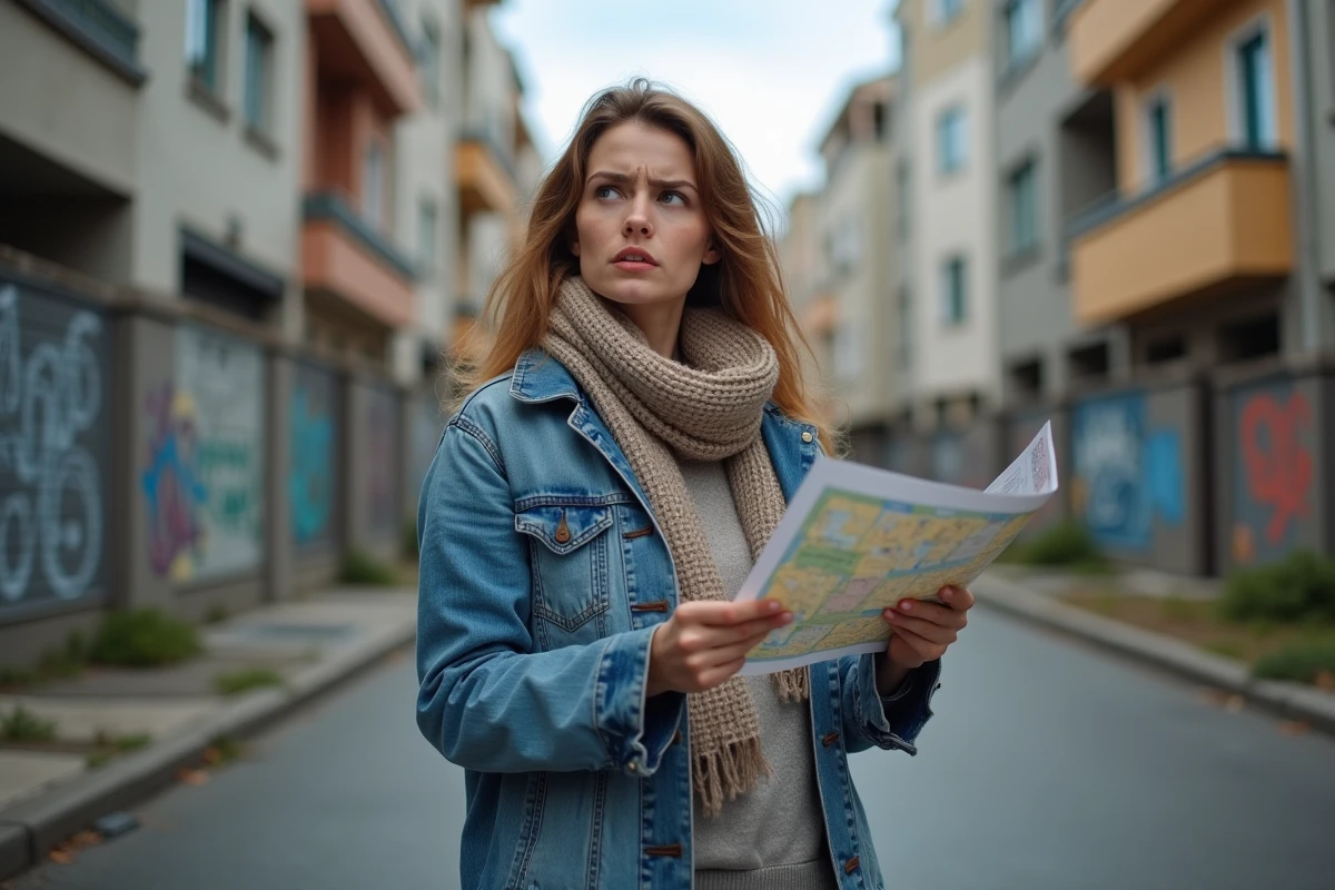 Jeune femme dans la ville avec carte et expression inquiète