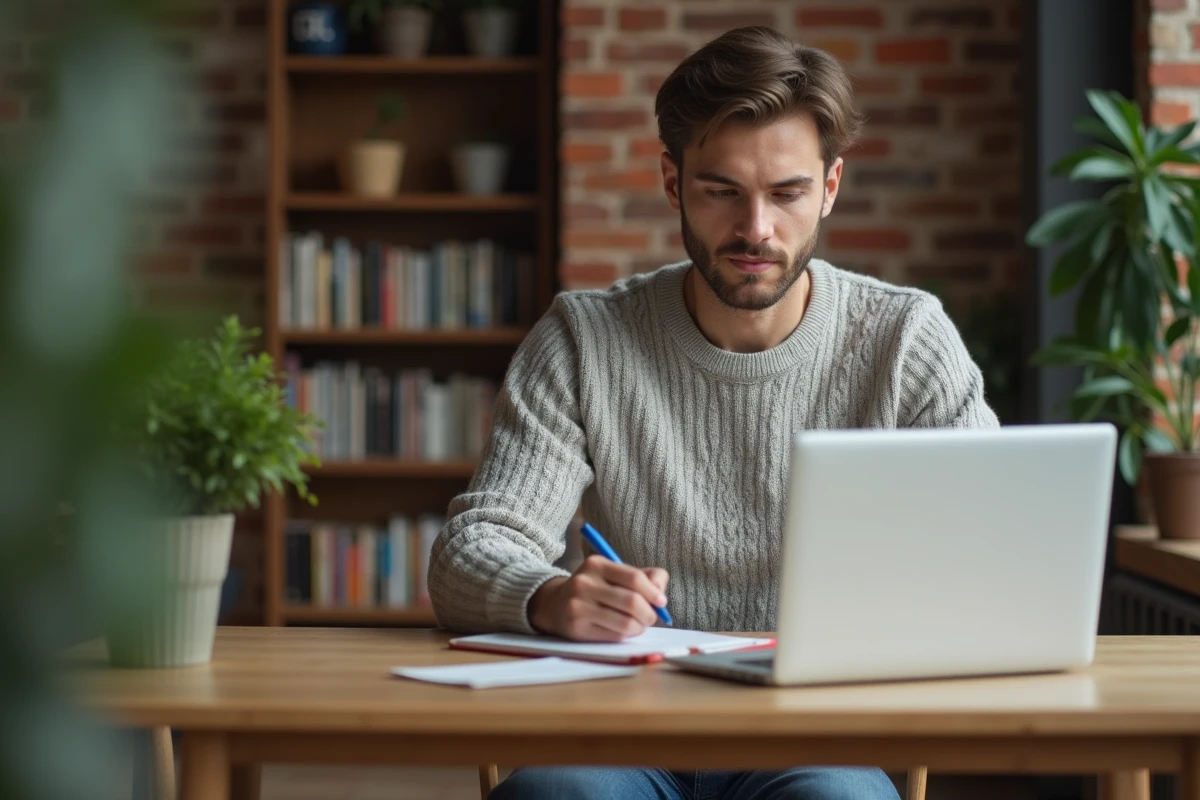 Jeune homme en pull et jeans travaillant à la cuisine
