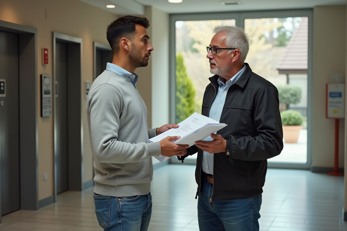 Jeune homme remet un dossier de factures au gestionnaire