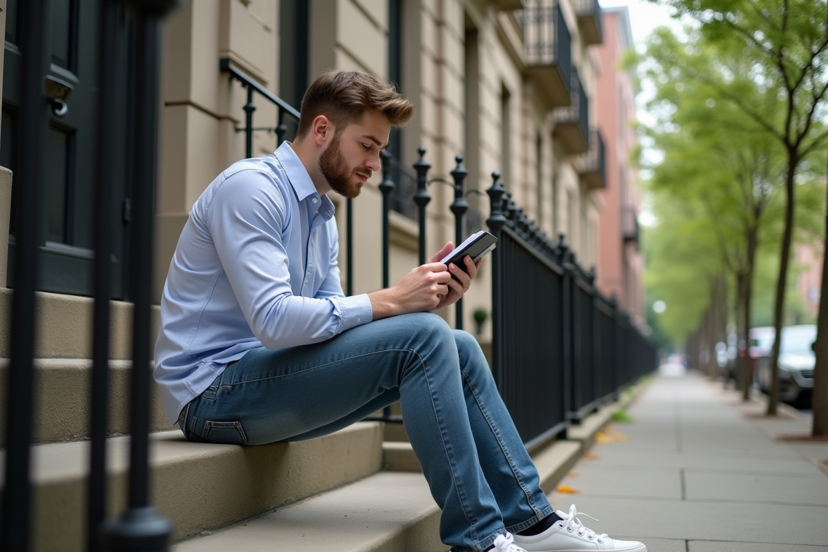 Jeune homme assis devant un immeuble en ville avec clés et carnet