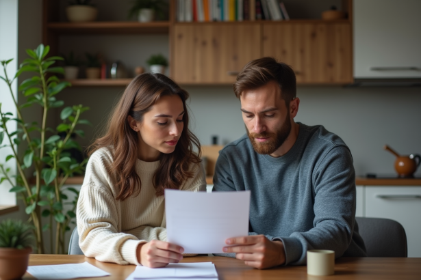 Jeunes adultes discutant d'un contrat de location dans un appartement moderne