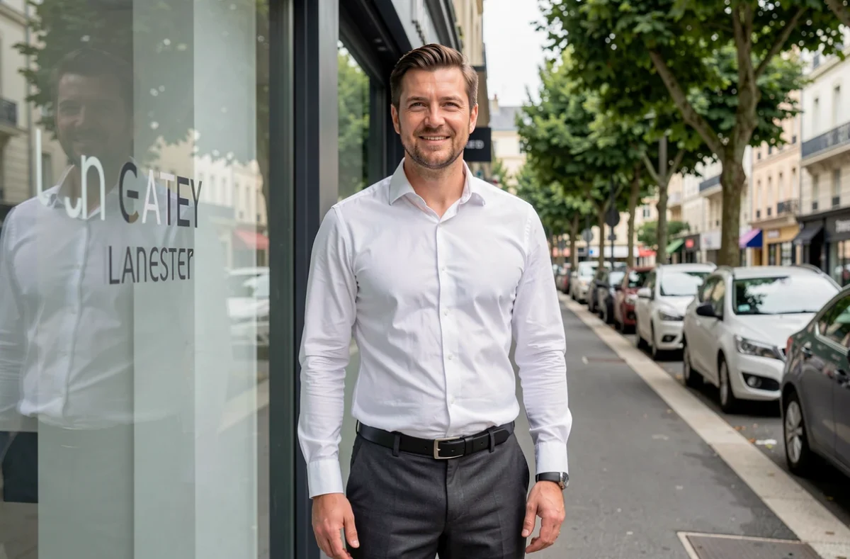 Agent de l'agence LE BEC Immobilier à Lanester devant la vitrine de l'agence