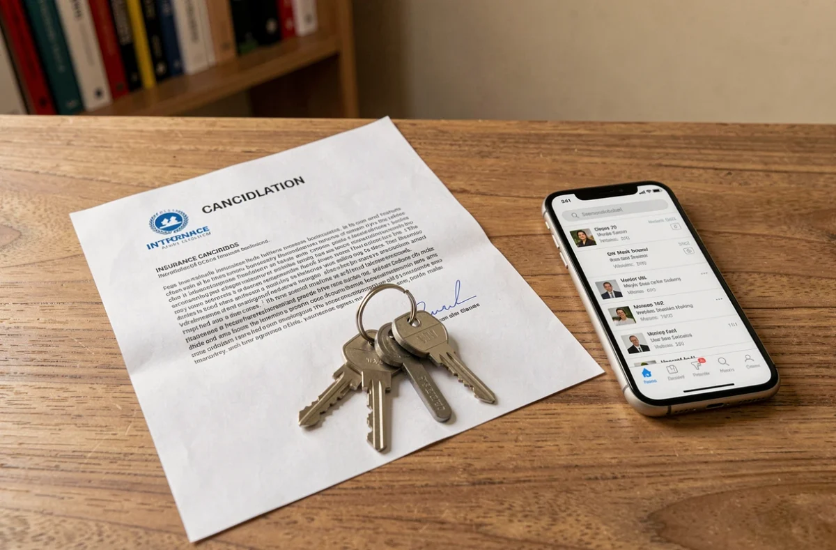 Lettre de résiliation d'assurance habitation posée sur un bureau avec des clés d'appartement et un smartphone affichant une messagerie