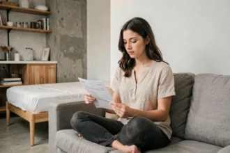 Jeune locataire lisant un bail de studio T1 assise sur un canapé dans un petit appartement fonctionnel