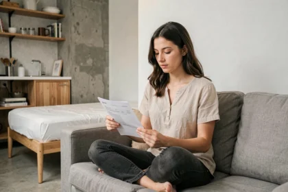 Jeune locataire lisant un bail de studio T1 assise sur un canapé dans un petit appartement fonctionnel