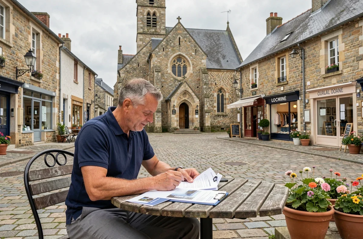 Agent de Locminé Immobilier consultant des documents dans le centre-ville de Locminé