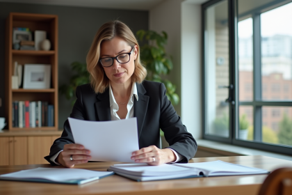Femme logeuse examine des dossiers de location dans un appartement moderne