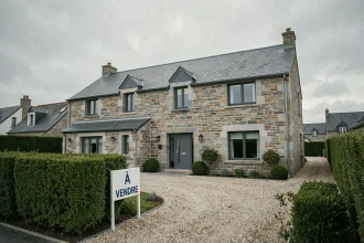 Maison bretonne en pierre à vendre avec panneau immobilier dans le Finistère, photographiée de la rue sous un ciel couvert