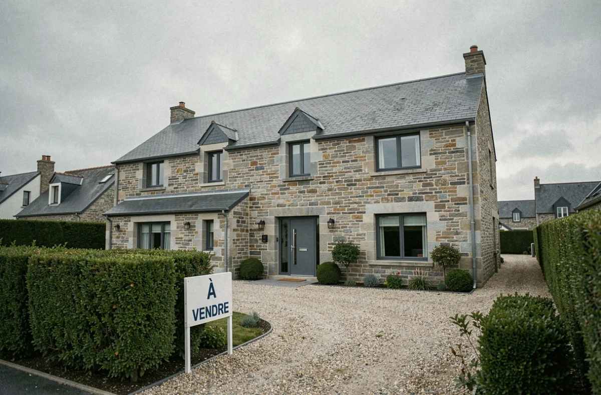 Maison bretonne en pierre à vendre avec panneau immobilier dans le Finistère, photographiée de la rue sous un ciel couvert