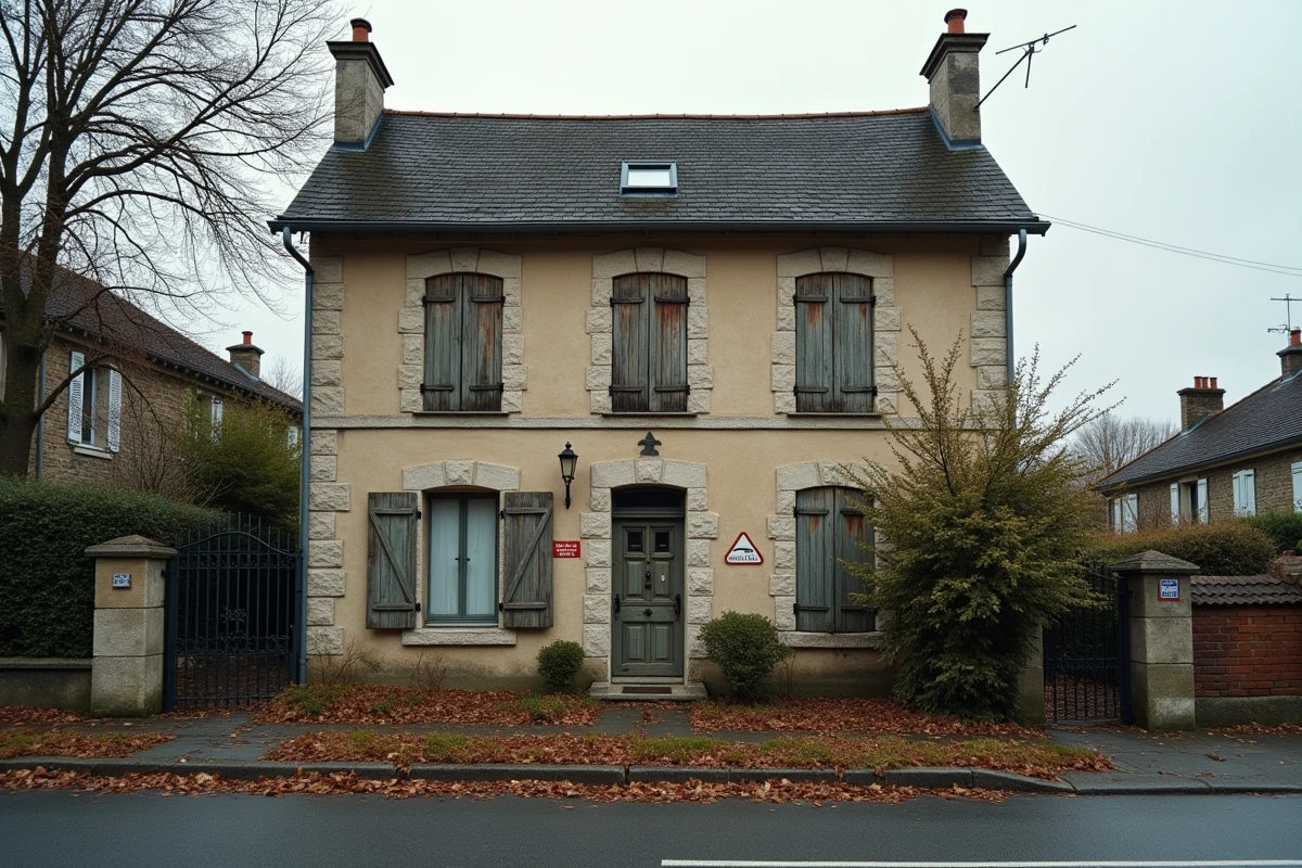 Maison familiale en pierre en indivision avec volets fermés et panneau à vendre dans une rue résidentielle française