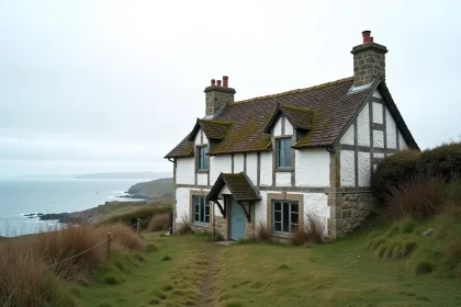 Maison normande traditionnelle à colombages au bord de la mer en Normandie avec vue sur la Manche
