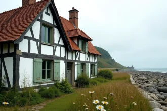 Maison normande à colombages vue de l'extérieur avec vue sur la mer en Normandie