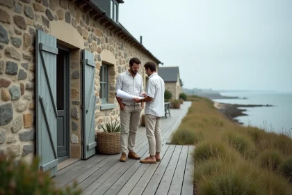 Couple étudiant les plans d'une maison en pierre normande face à la mer en Normandie