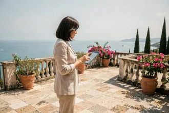 Propriétaire devant sa maison vue mer en Méditerranée évaluant la rentabilité locative saisonnière