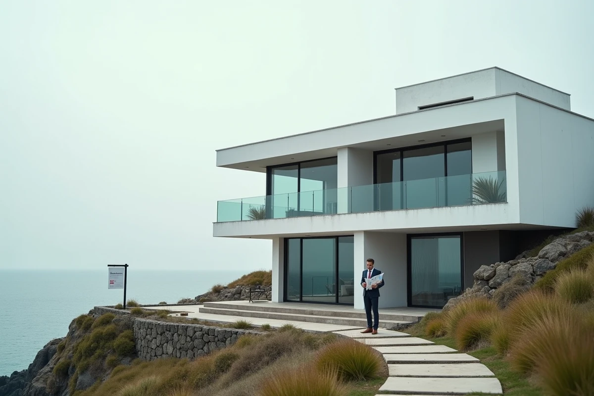 Maison vue sur mer à vendre avec un acheteur consultant une brochure immobilière