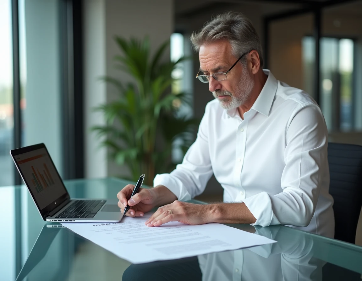 Marchand de bien analysant un acte notarié avec annotations manuscrites dans un bureau contemporain