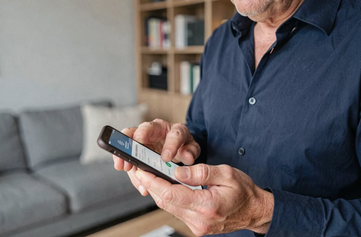 Homme mettant à jour son mot de passe sur son espace client immobilier depuis un smartphone