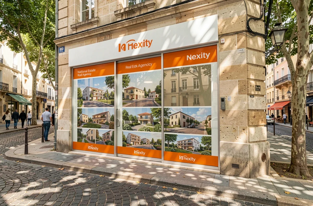 Agence Nexity promoteur national avec vitrines de programmes immobiliers neufs dans une ville de Provence