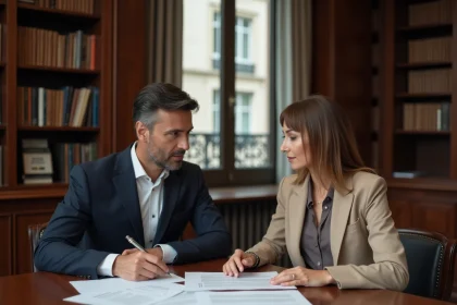 Notaire et marchande de bien examinant un dossier TVA immobilier sur une table en chêne dans un bureau parisien