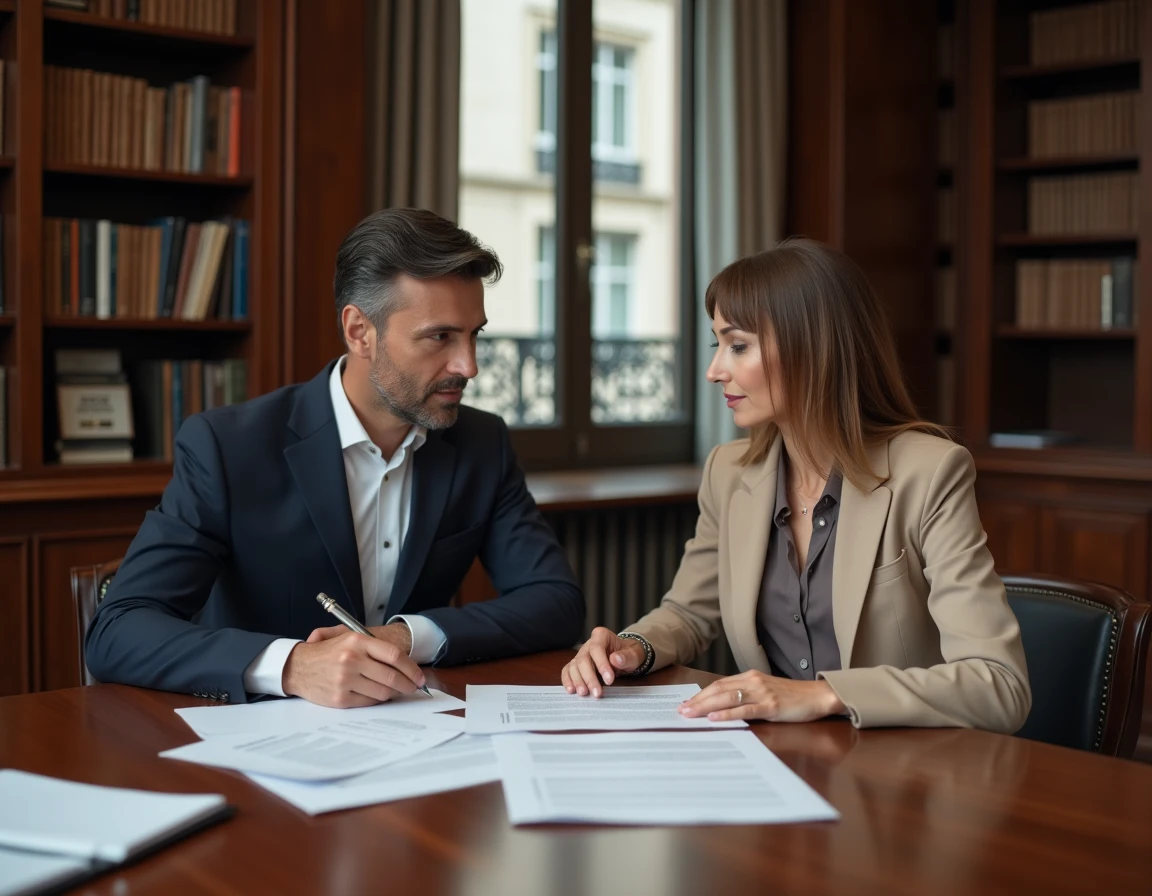 Notaire et marchande de bien examinant un dossier TVA immobilier sur une table en chêne dans un bureau parisien