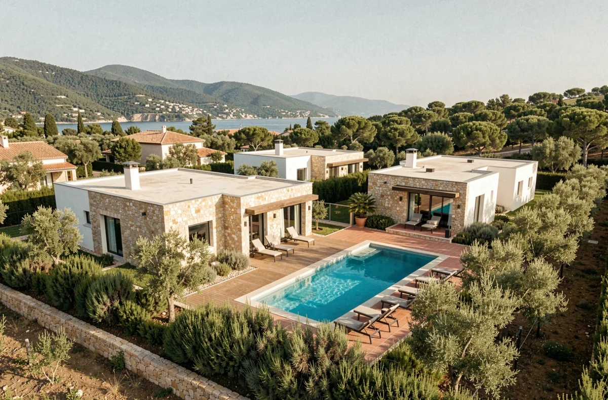 Lotissement résidentiel contemporain Les Nouveaux Constructeurs à Biot avec villas modernes et piscine collective