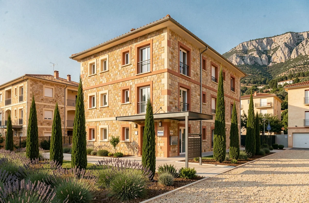 Programme immobilier neuf Novanea à Aubagne avec architecture provençale et massif du Garlaban en arrière-plan