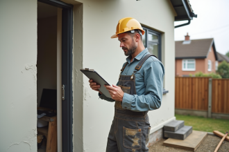 Ouvrier en overalls examine un mur extérieur neuf