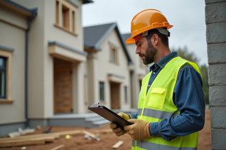 Ouvrier de construction en sécurité inspectant une maison neuve