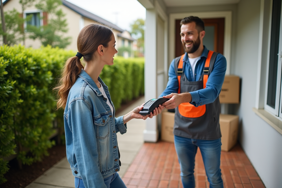 Femme remettant un paiement sans contact à un déménageur dans la cour